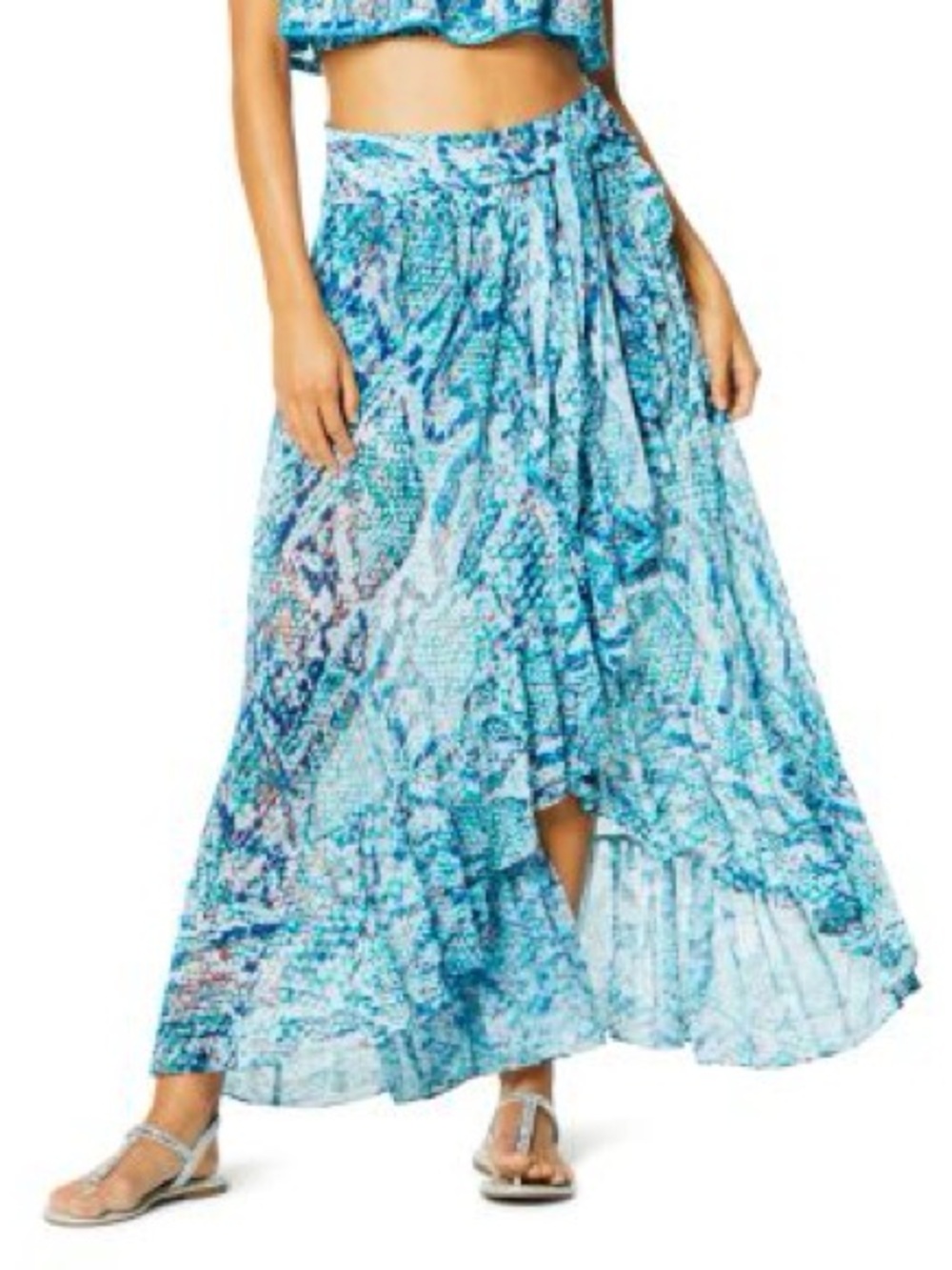 Ramy Brook Snakeskin Smocked Ruffle Maxi Skirt Swim Cover Up Sz L Resort Beach